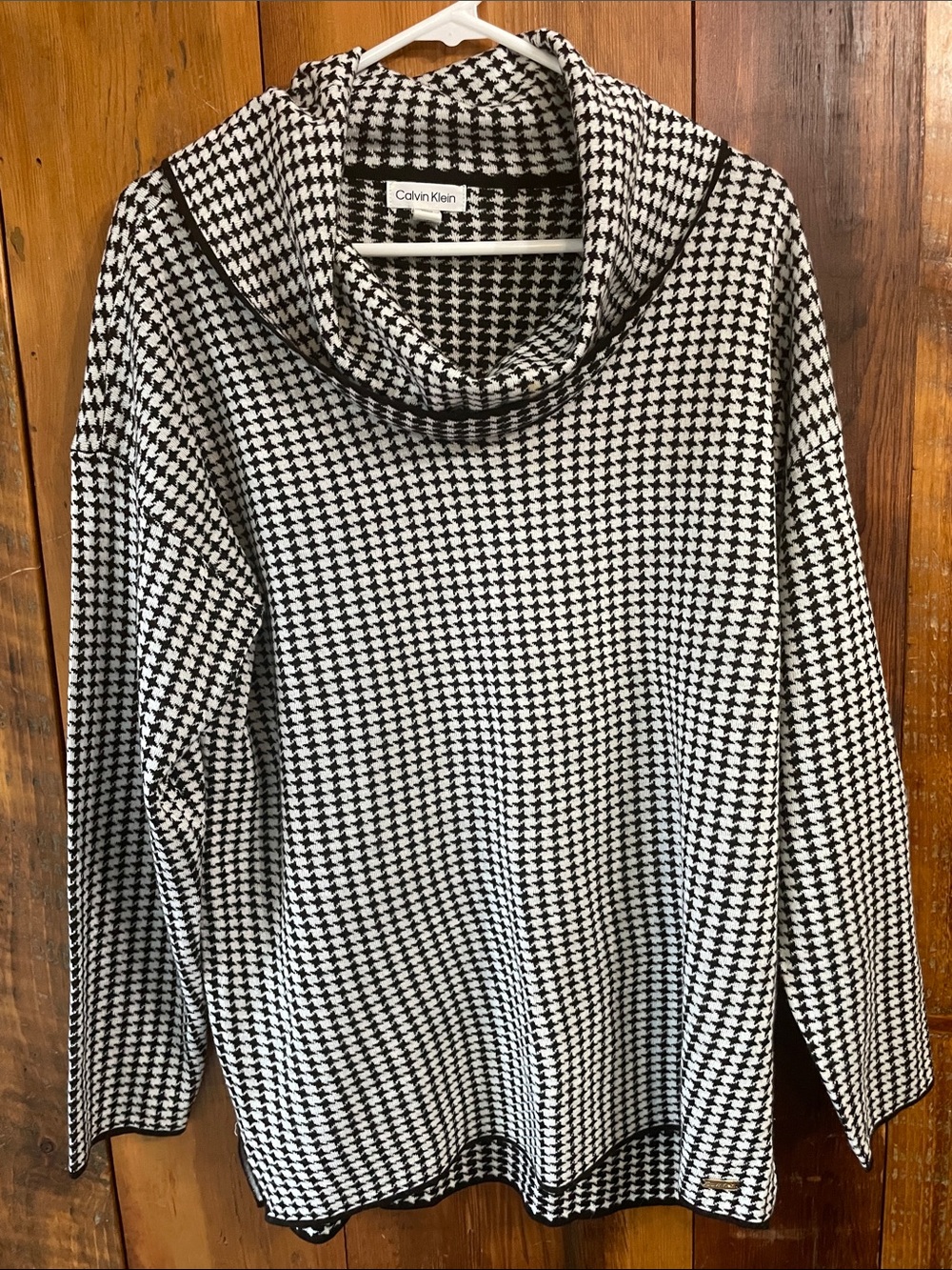 Calvin Klein Black and White Houndstooth Cowl Neck Sweater